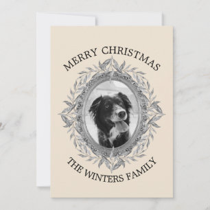 Merry Christmas Holiday Silver Leaves Wreath Photo Card