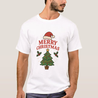 Merry Christmas Holiday Tree & Santa Hat Festive T-Shirt