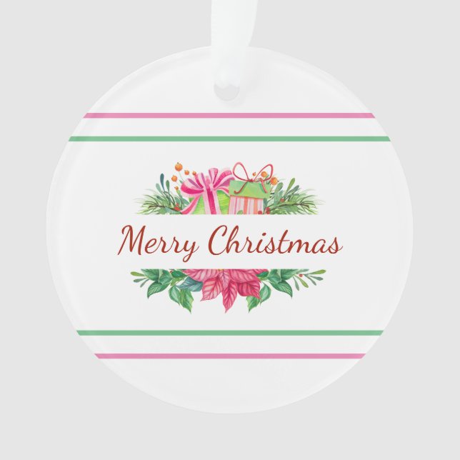 Merry Christmas Holiday Trim And Stripes Ornament (Front)