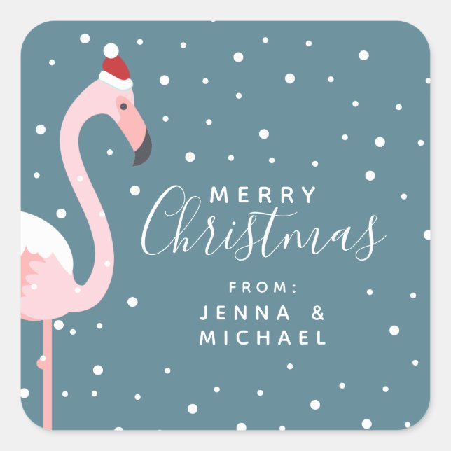 Merry Christmas | Holiday Tropical Flamingo Square Sticker (Front)
