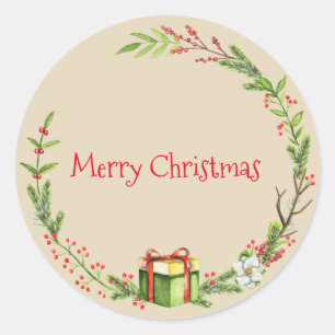Merry Christmas Holiday Wreath Classic Round Sticker