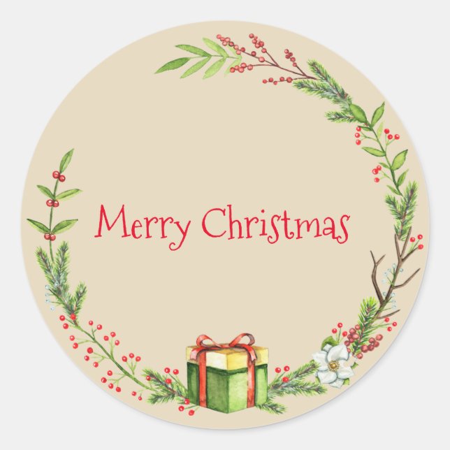 Merry Christmas Holiday Wreath Classic Round Sticker (Front)