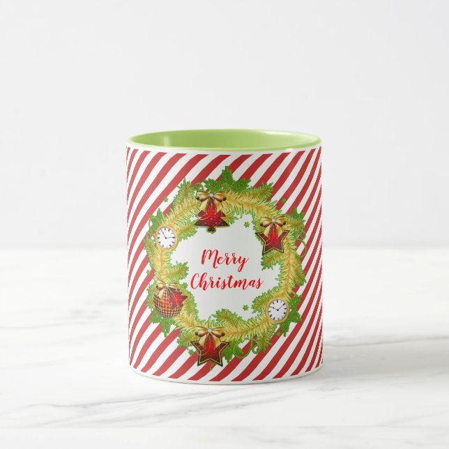 Merry Christmas Holiday Wreath With Stripes Mug (Center)