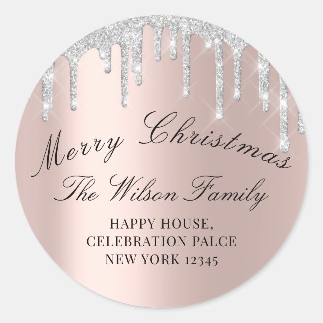 Merry Christmas Holidays RSVP Rose Grey Silver Classic Round Sticker (Front)