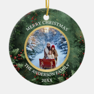 Merry Christmas Holly and Berries Family Ceramic  Ceramic Ornament