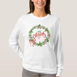 Merry Christmas - Holly and Berries Wreath T-Shirt