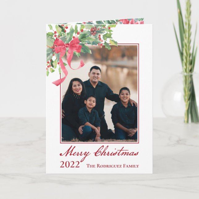 Merry Christmas Holly and Berry Greenery Photo  Holiday Card (Front)