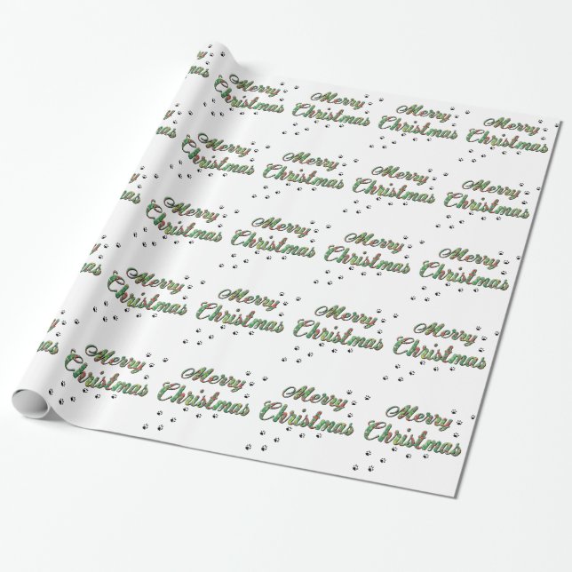 Merry Christmas Holly and Dog Paw Prints Wrapping Paper (Unrolled)