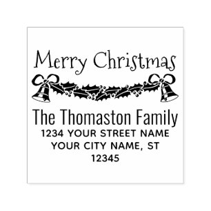 Merry Christmas Holly & Bells Name Return Address Self-inking Stamp