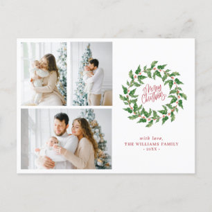 Merry Christmas Holly Berries 3 Photos Holiday Postcard