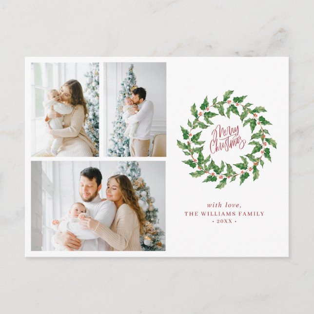 Merry Christmas | Holly Berries | 3 Photos Holiday Postcard (Front)