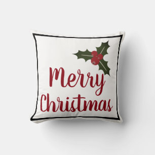 Merry Christmas Holly Berries and Leaves Throw Pillow