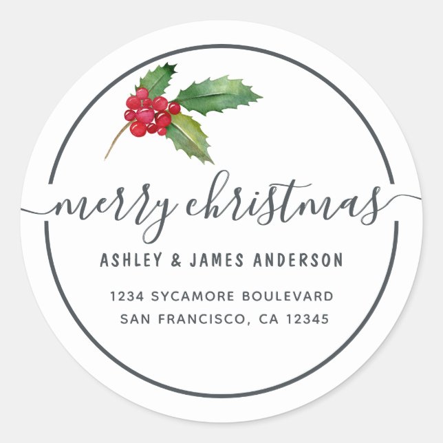 Merry Christmas Holly Berries New Address Classic Round Sticker (Front)