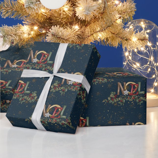 Merry Christmas Holly Berries Noel Gold Red Blue Wrapping Paper (Holidays)