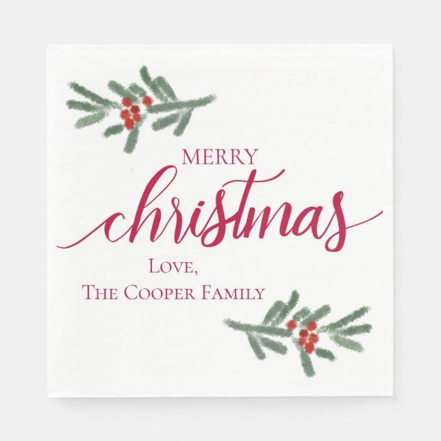 Merry Christmas- Holly berries, spruce  Napkin (Front)