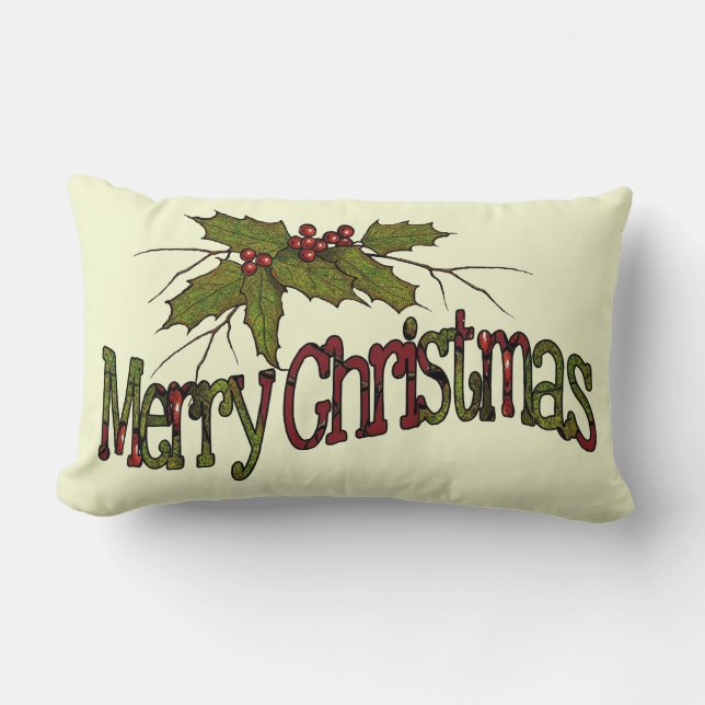 Merry Christmas, Holly, Berries, Twigs: Art Lumbar Pillow (Front)