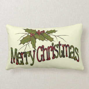 Merry Christmas, Holly, Berries, Twigs: Art Lumbar Pillow
