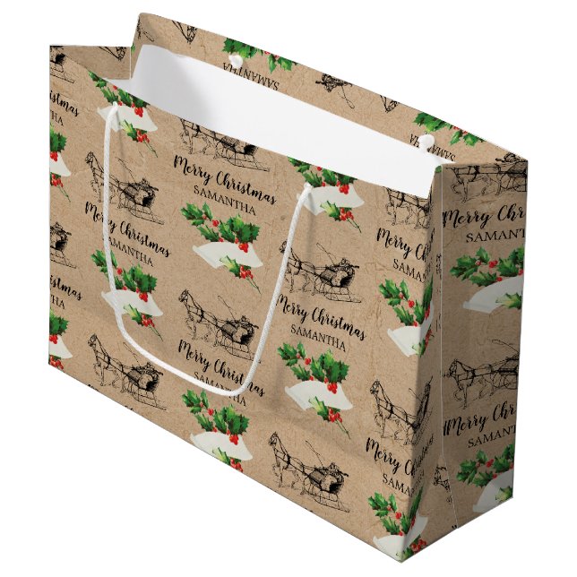 Merry Christmas Holly Berries Winter Kraft Brown Large Gift Bag (Front Angled)