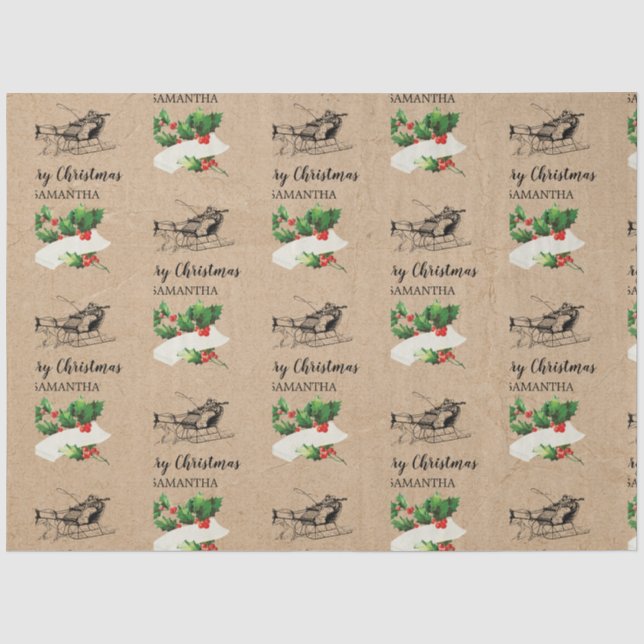 Merry Christmas Holly Berries Winter Kraft Brown  Tissue Paper (Front)