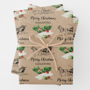 Merry Christmas Holly Berries Winter Kraft Brown  Wrapping Paper Sheet