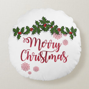 Merry Christmas,Holly Berry Branches -Personalized Round Pillow