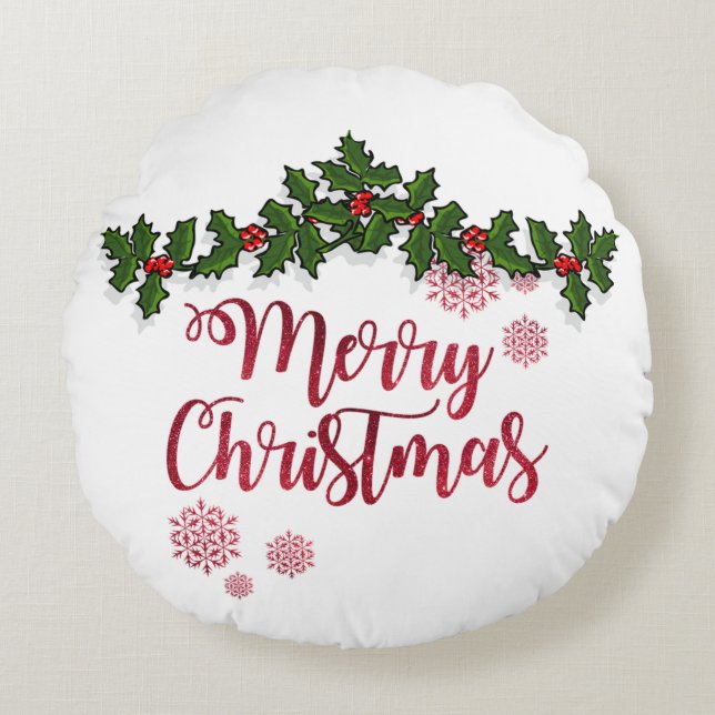 Merry Christmas,Holly Berry Branches -Personalized Round Pillow (Front)