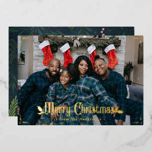 Merry Christmas Holly Berry Elegant Custom Photo Foil Holiday Card