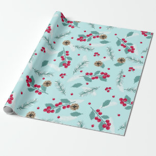 Merry Christmas Holly Berry Fir Branches Blue Red Wrapping Paper