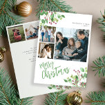 Merry Christmas holly berry foliage multi photo  Holiday Card<br><div class="desc">Modern stylish Merry Christmas green handwritten calligraphy script 6 family photo collage simple white elegant family holiday card with your custom personalized text on both sides featuring watercolor botanical greenery foliage and holy berries.</div>