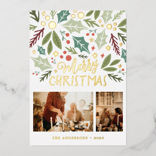 Merry Christmas Holly Berry Foliage Two Photo Foil Holiday Card