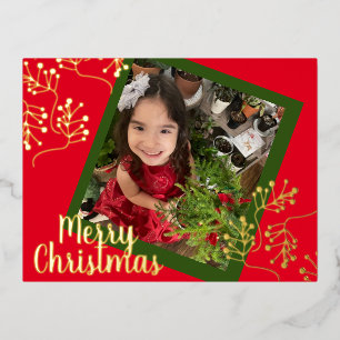 Merry Christmas Holly Berry Gold Pressed Foil Holiday Postcard