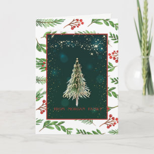Merry Christmas,Holly Berry,Pine Tree Holiday Card