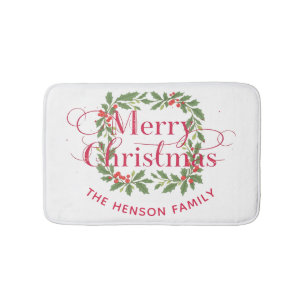 Merry Christmas Holly Berry Wreath Family Bath Mat