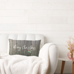 Merry Christmas Holly Black Barn Door Photo Art Lumbar Pillow