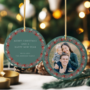 Merry Christmas Holly Botanical Photo Ceramic Ornament