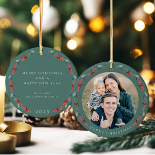 Merry Christmas Holly Botanical Photo Ceramic Ornament