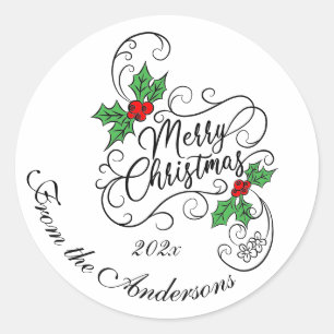Merry Christmas Holly Calligraphy Greeting Holiday Classic Round Sticker