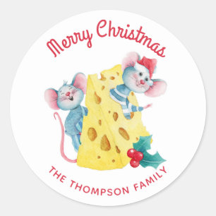 Merry Christmas Holly Cheese Mice Personalized Classic Round Sticker