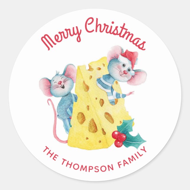 Merry Christmas Holly Cheese Mice Personalized Classic Round Sticker (Front)