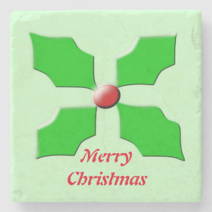 Merry Christmas Holly Custom Stone Coaster