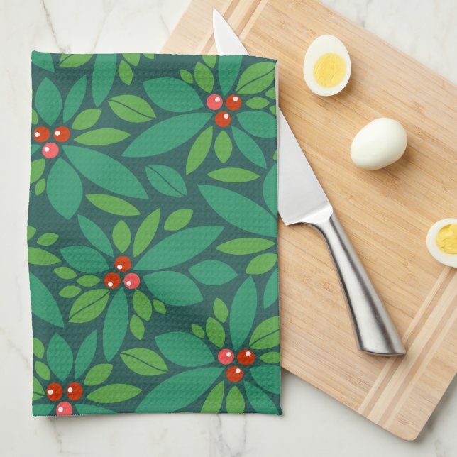 Merry Christmas Holly Floral Pattern Kitchen Towel (Quarter Fold)