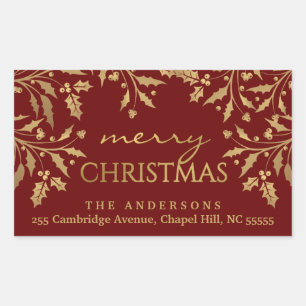 Merry Christmas Holly Gold Faux Foil Address Sticker