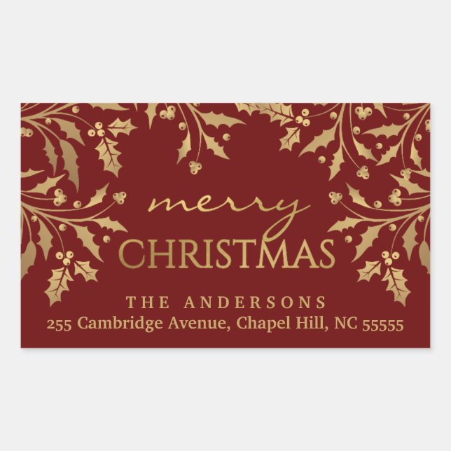 Merry Christmas Holly Gold Faux Foil Address Sticker (Front)