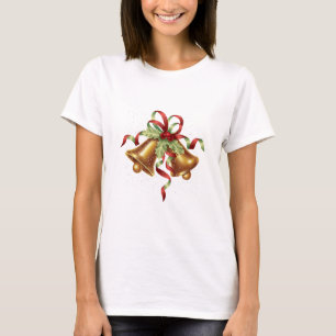 Merry Christmas Holly Golden Bell Red Bow T-Shirt