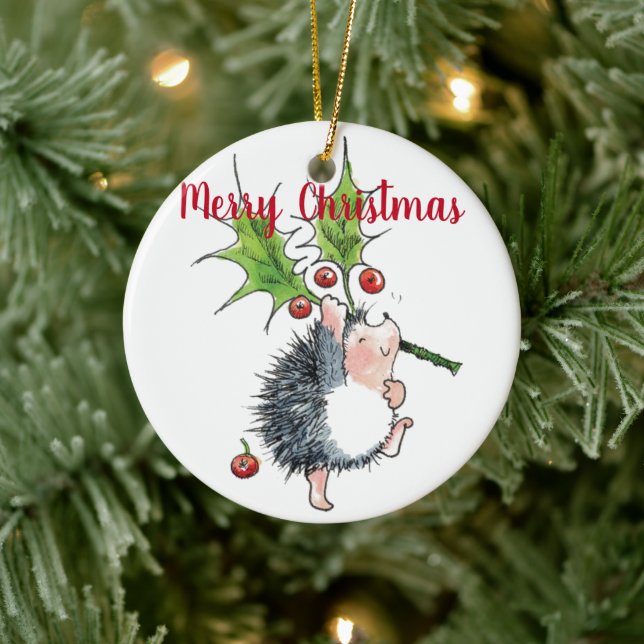 Merry Christmas Holly Hedgehog Ceramic Ornament (Tree)