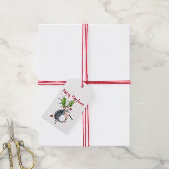 Merry Christmas Holly Hedgehog Gift Tags (With Twine)