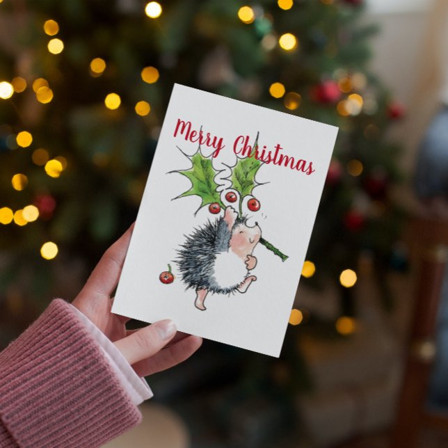 Merry Christmas Holly Hedgehog Holiday Card (Creator Uploaded)