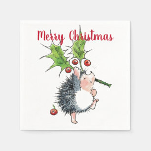 Merry Christmas Holly Hedgehog Napkin