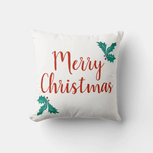 Merry Christmas Holly Ivy Red White Holiday Throw Pillow