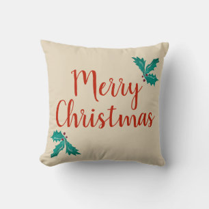 Merry Christmas Holly Ivy VintageRed Beige Holiday Throw Pillow